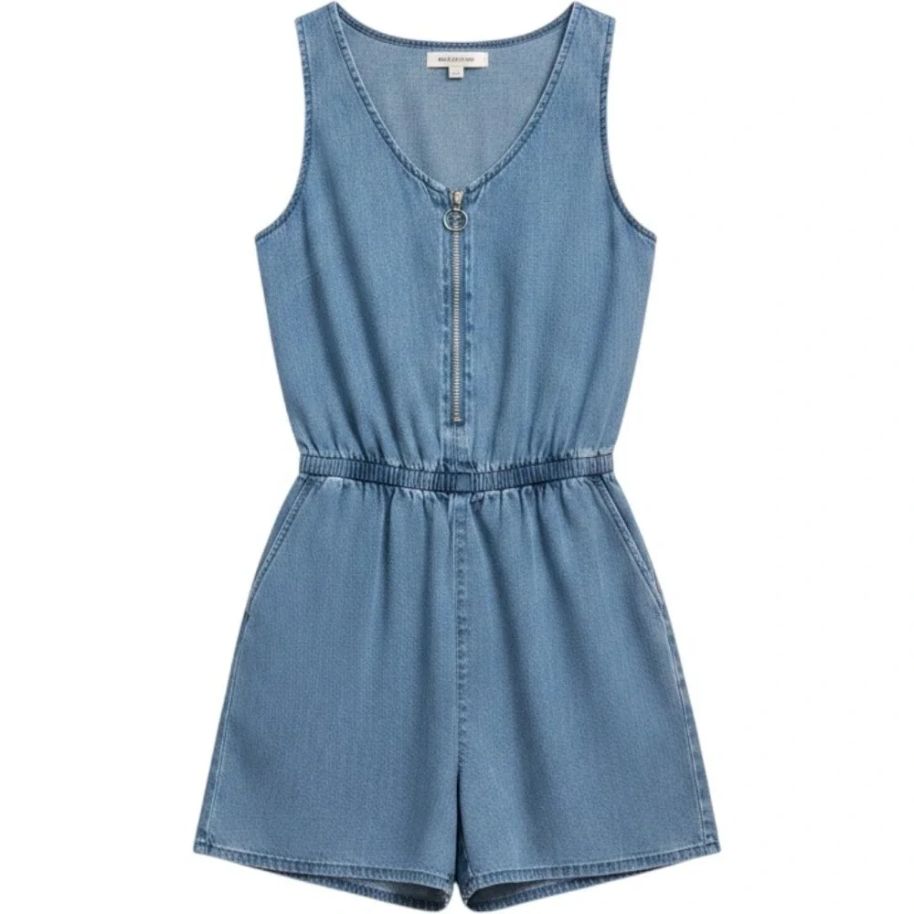 Justice Girls Chambray Denim Romper Size M 10 Adjustable Waist Zip Front Pockets